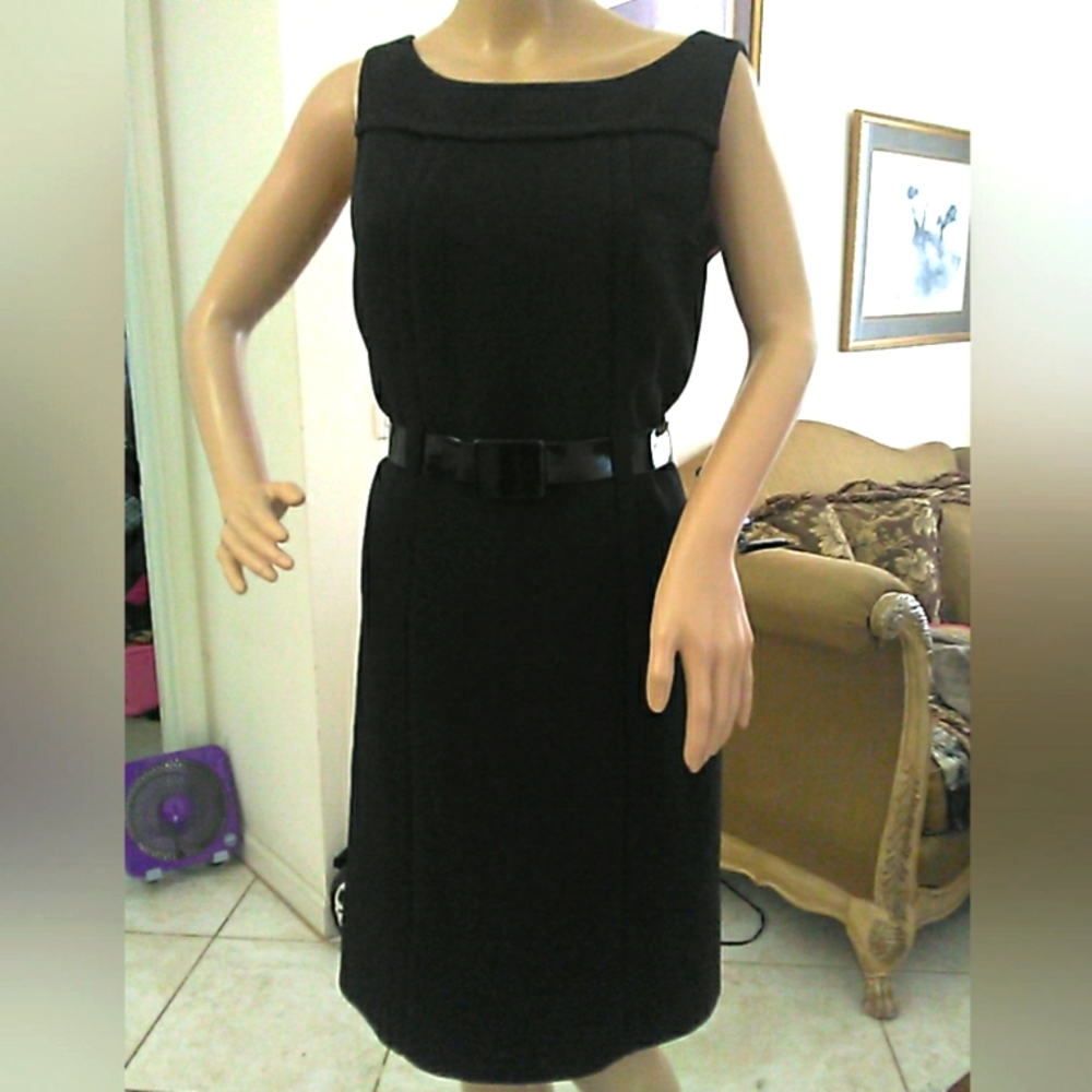 VINTAGE ARTHUR LEVINE TAHARI Black Sheath Midi Dress W/Bateau Neckline SZ. 8P